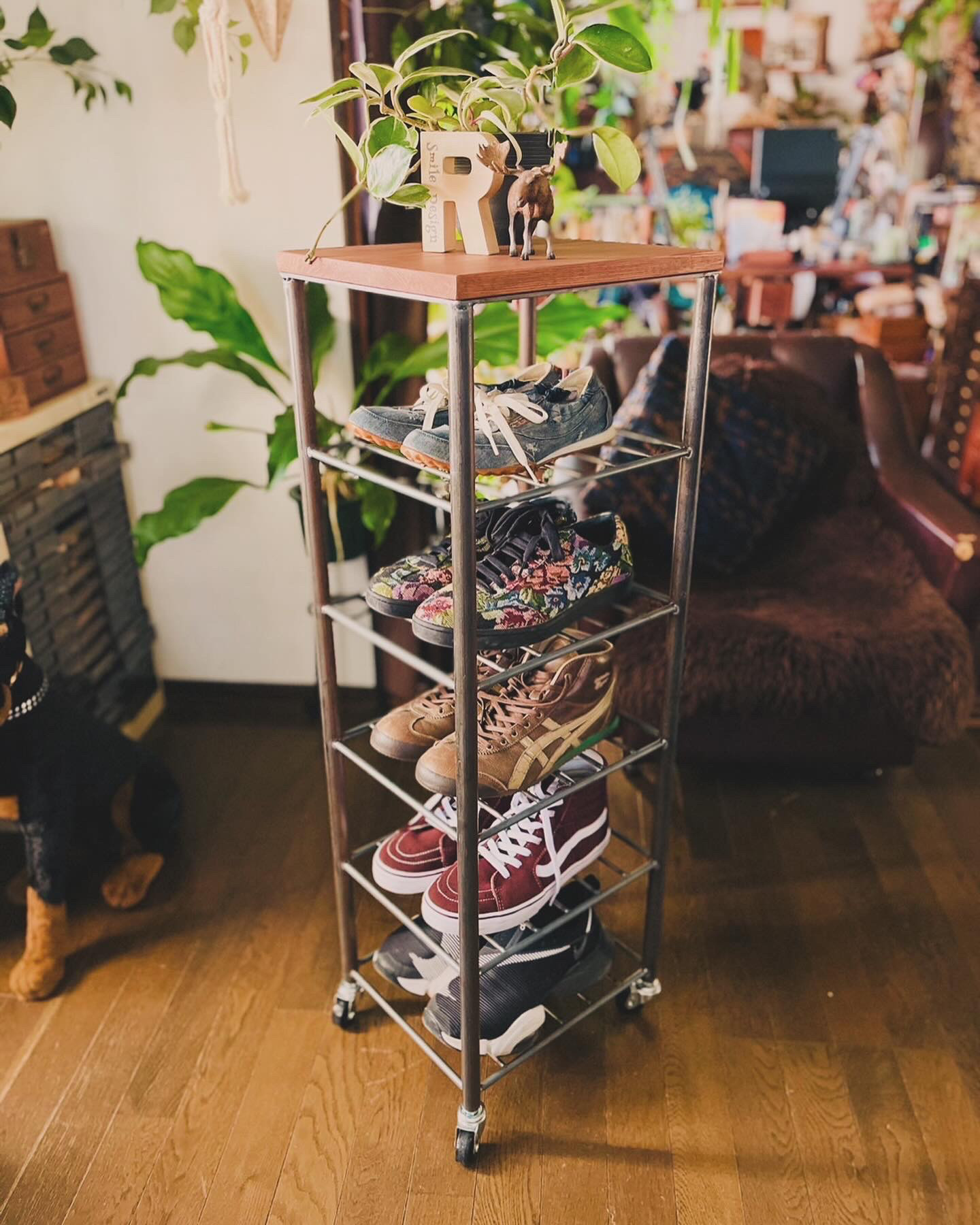 アイアン6段シェルフ　シューズラック　オーダーメイド　ハンドメイド　男前家具　アイアン家具　インダストリアル　無垢材