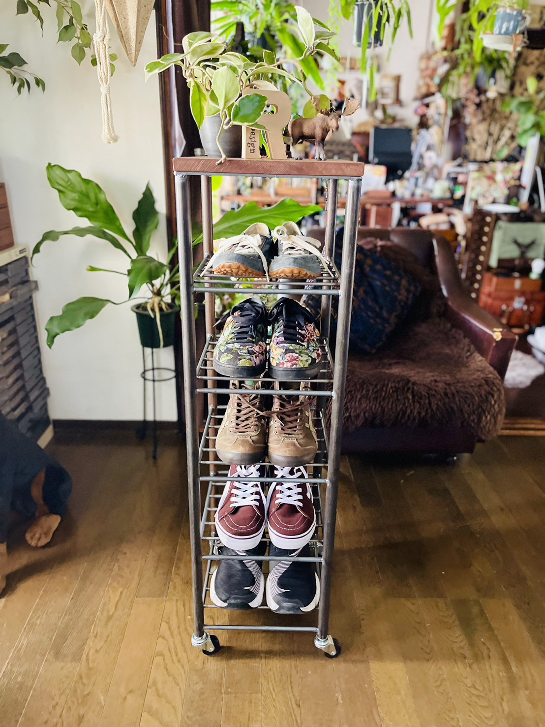 アイアン6段シェルフ　シューズラック　オーダーメイド　ハンドメイド　男前家具　アイアン家具　インダストリアル　無垢材