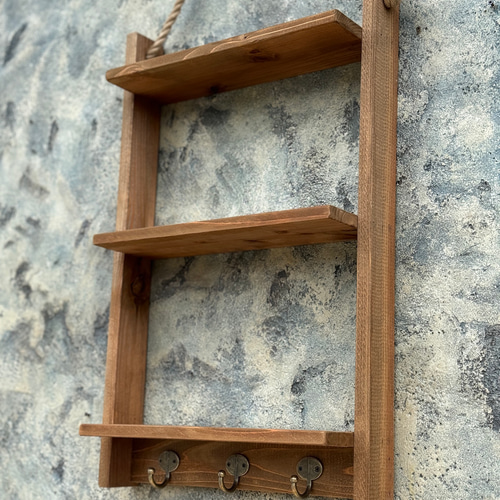 壁掛けシェルフ フック付き 麻ロープ 3段棚 収納棚 キーフック