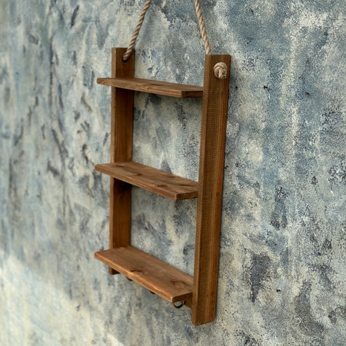 壁掛けシェルフ フック付き 麻ロープ 3段棚 収納棚 キーフック