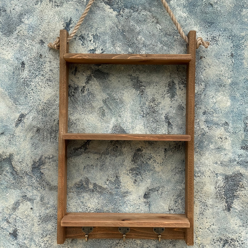 壁掛けシェルフ フック付き 麻ロープ 3段棚 収納棚 キーフック