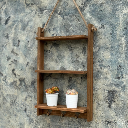 壁掛けシェルフ フック付き 麻ロープ 3段棚 収納棚 キーフック