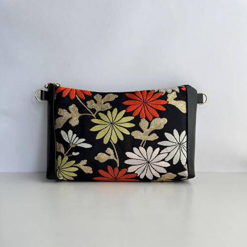 【ちょこぼんや】帯リメイク　ショルダーバッグ 帯リメイクショルダーバッグ 黒 光沢花 ショルダーバッグ