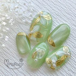 MOROSY246☆ブライダル 結婚式 マグネット 花 ゴールド メタリック ネイルチップ ネイル 黄緑 グリーン 春夏 4枚目の画像