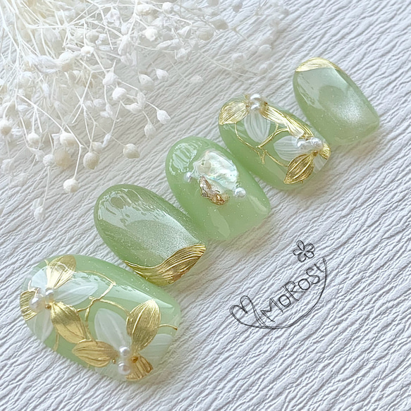 MOROSY246☆ブライダル 結婚式 マグネット 花 ゴールド メタリック ネイルチップ ネイル 黄緑 グリーン 春夏 3枚目の画像
