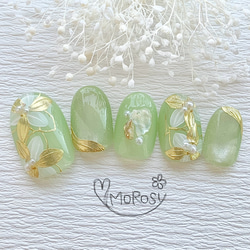 MOROSY246☆ブライダル 結婚式 マグネット 花 ゴールド メタリック ネイルチップ ネイル 黄緑 グリーン 春夏 2枚目の画像