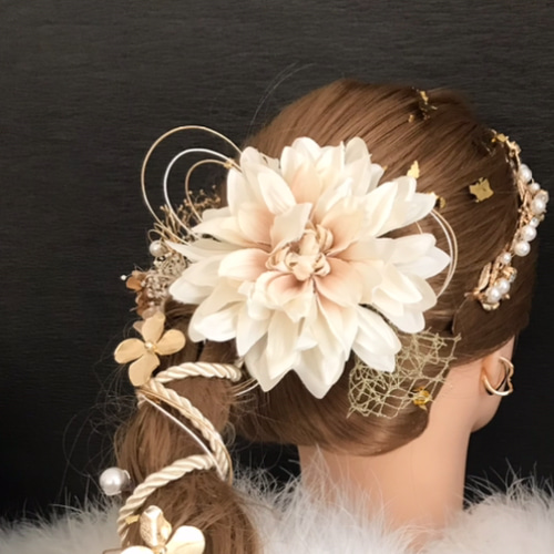 ヘッドドレス ～リボンパールゴールド×カチューシャ～髪飾り 成人式 前撮り