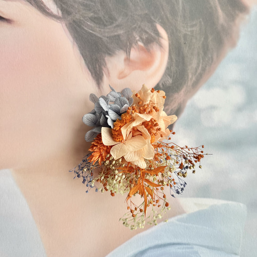 オレンジ×ブルー×ゴールド】ドライフラワー ピアス・イヤリング