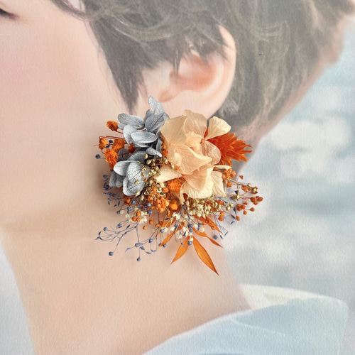 オレンジ×ブルー×ゴールド】ドライフラワー ピアス・イヤリング