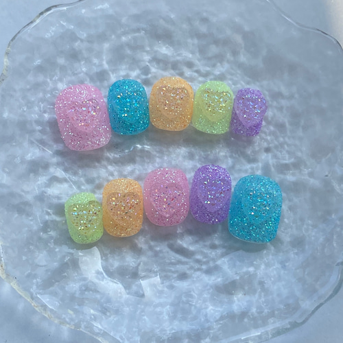カラフル シュガーネイル y2k ラメ ハート ピンク 水色 韓国 ゆめかわ