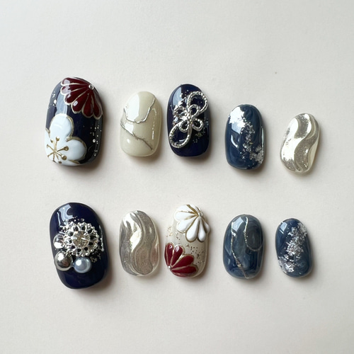 紺色 振袖 着物 成人式 和装 卒業式袴 お花柄入り 紺シルバー ネイビー  