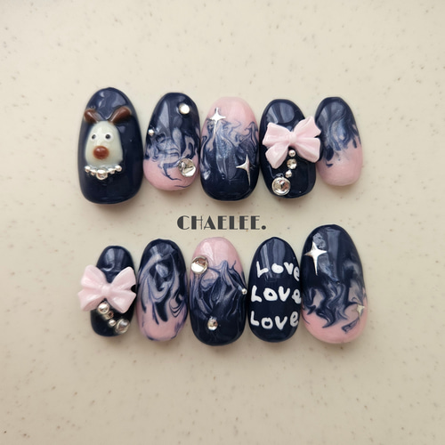 ネイルチップ 落書きネイル ハート 犬 いぬ 韓国 ニュアンス シルバー