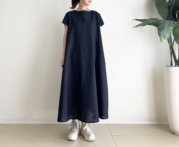 シンプルAラインワンピース * Cotton linen 濃紺カラー * ワンピース 