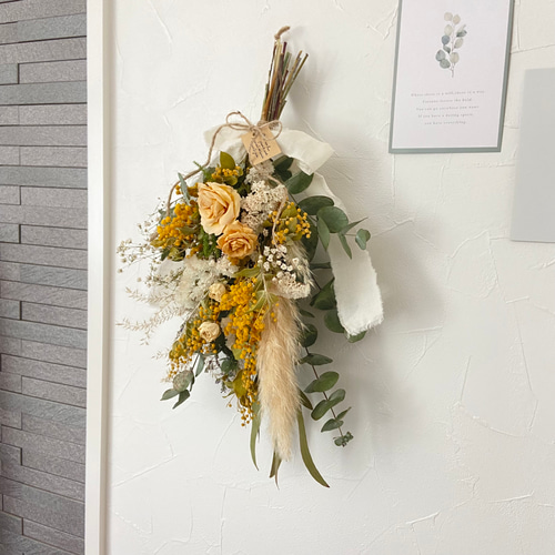 ミモザとバラ パンパスグラス ドライフラワースワッグ ウェディング