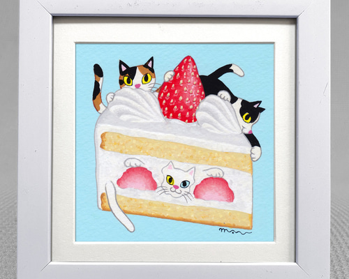 原画「三匹の猫〜いちごショートケーキでかくれんぼ（白額