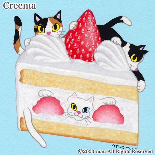 原画「三匹の猫〜いちごショートケーキでかくれんぼ（白額）」ふしぎな