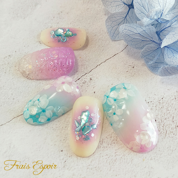 紫陽花アートのしずくネイル ネイルチップ ブライダルネイル