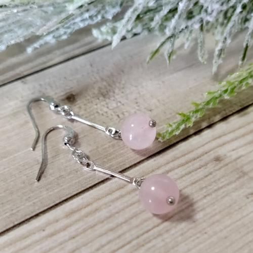 天然石・ローズクォーツのピアス ＃1638 ピアス（フック・チェーン 