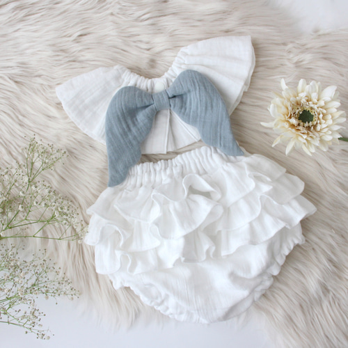 天使の羽スタイ&ふりふりフリルパンツset（white）◇ ファースト