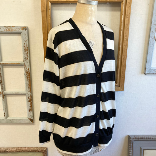 【ungaro】 カーディガン 9号　黒×白　ボーダー　ニット　ウンガロ ungaro】 カーディガン 9号 黒×白 ボーダー ニット ウンガロ