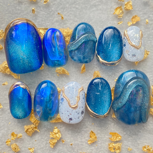 サイズオーダー】うるうるブルーのニュアンスネイルチップ マグネット  