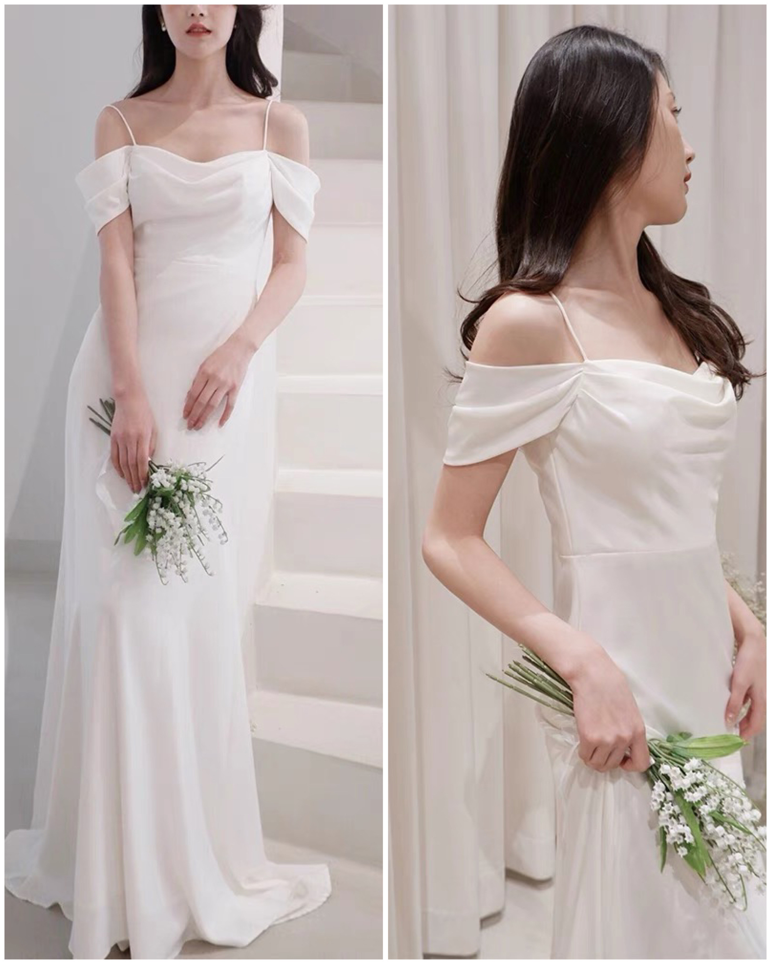 オフショルダー　スパゲッティストラップ 袖 サテン　二次会 前撮り ウェディングドレス（WD242211）
