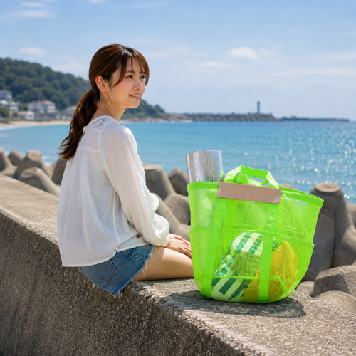 WIDE BAG Lサイズ GREEN APERTY メッシュバッグつき ネオングリーンxヌメ革 アウトドア・サマーリゾートに！ 涼しげな