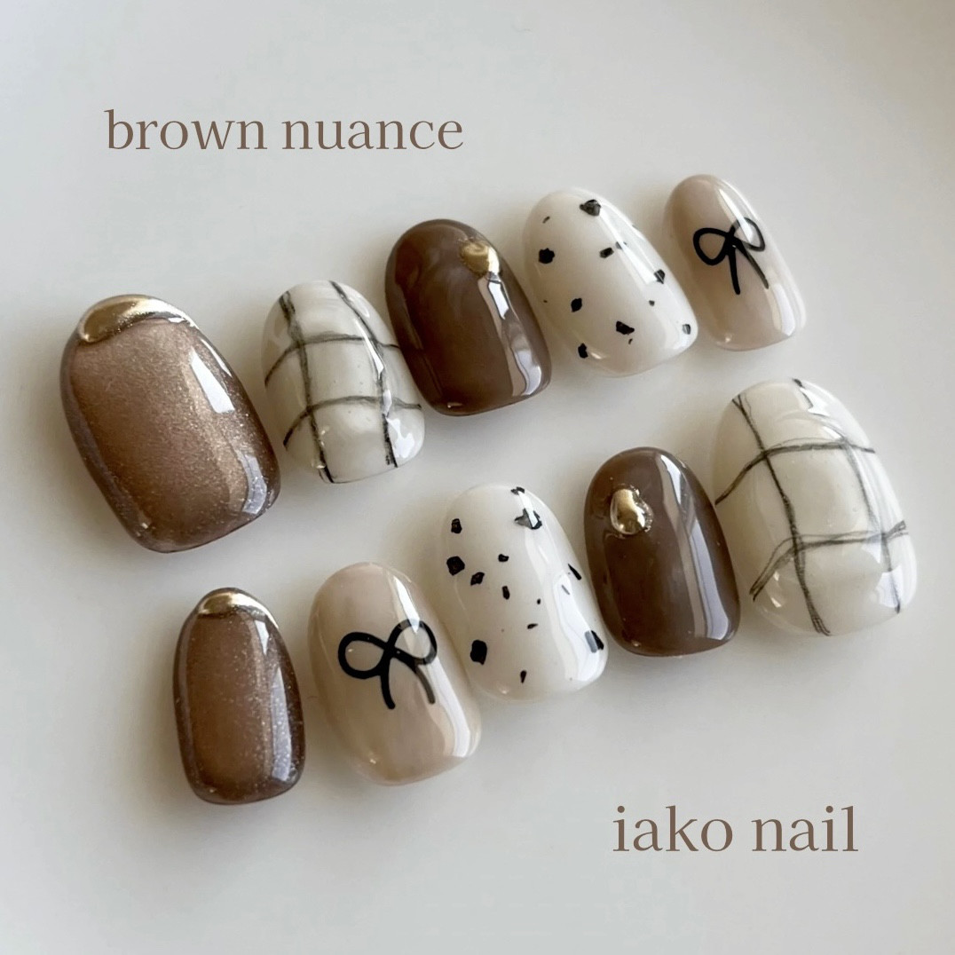 ネイルチップ ブラウン リボン マグネット チェック ぷっくり