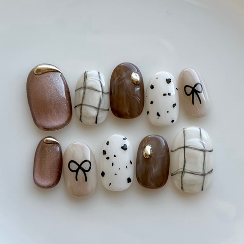 ネイルチップ ブラウン リボン マグネット チェック ぷっくり マイカ  