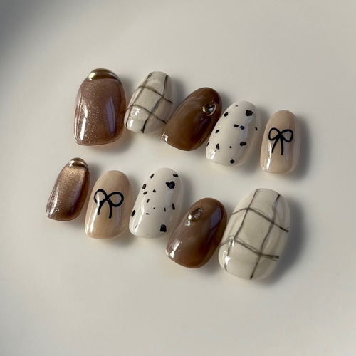 ネイルチップ ブラウン リボン マグネット チェック ぷっくり