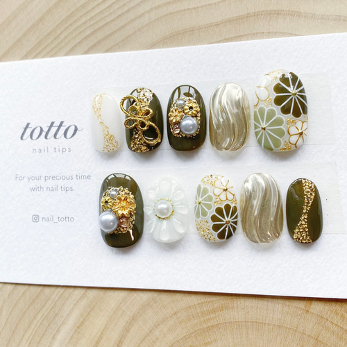 成人式ネイル/緑/カーキ/水引/振袖ネイル/和柄ネイル/着物ネイル/白  