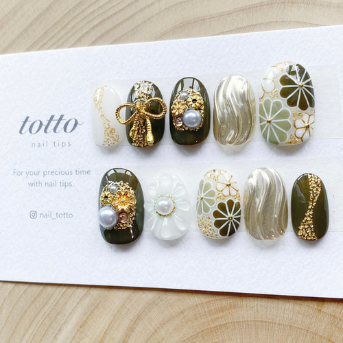 期間限定割引】成人式ネイル/緑/カーキ/水引/リボン/振袖ネイル/和柄  