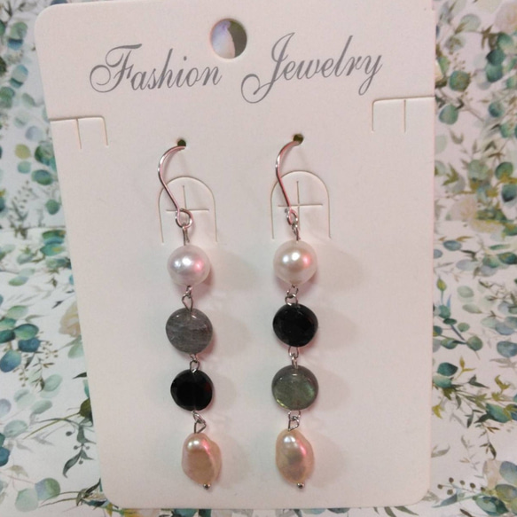 送料無料)アコヤ真珠、ラブラドライト、オニキス、淡水パールピンク系  