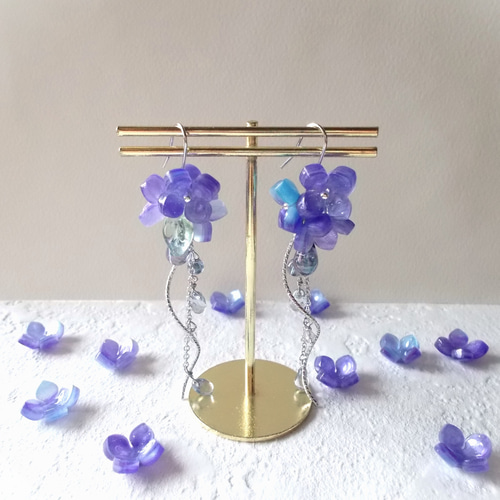 紫陽花ピアス・イヤリング パープル ピアス（フック・チェーン