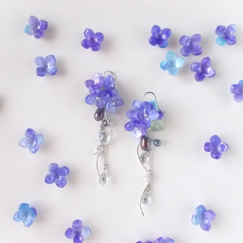 紫陽花ピアス・イヤリング パープル ピアス（フック・チェーン