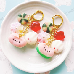 白文鳥もちとざくろ飴の和菓子キーホルダー フェイクスイーツ 樹脂粘土