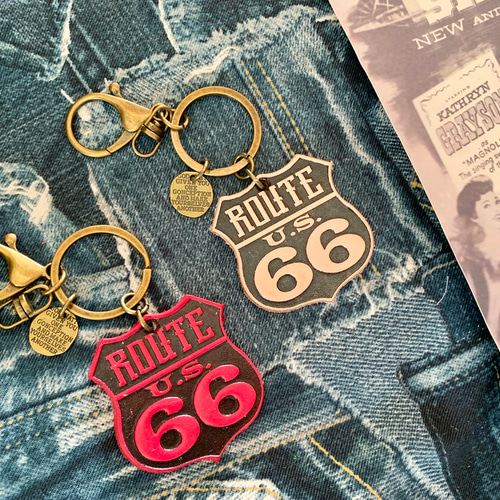 ヴィンテージROUTE66本革エンボス加工/アンティークキーホルダー