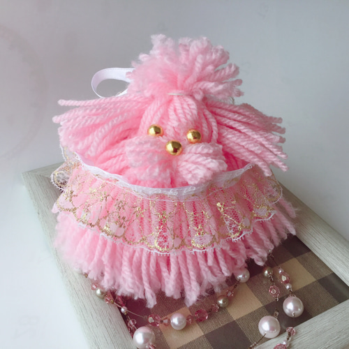 ピンク毛糸の長毛わんちゃん 置物 人形ぬいぐるみ 犬 z09 その他置物