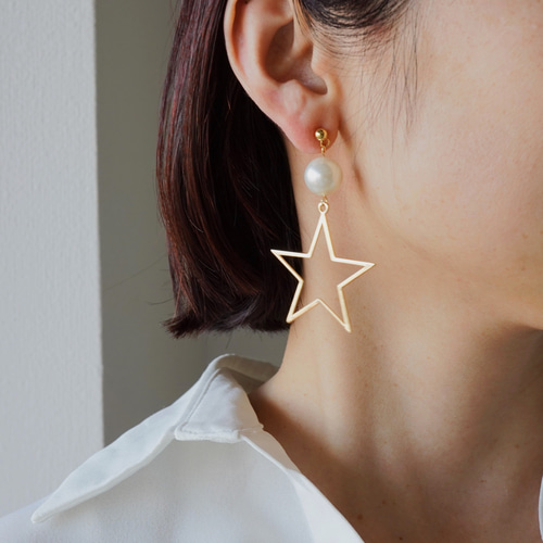 ☆70％OFF SALE 存在感 大きめパール 星 大振りピアス 個性派 