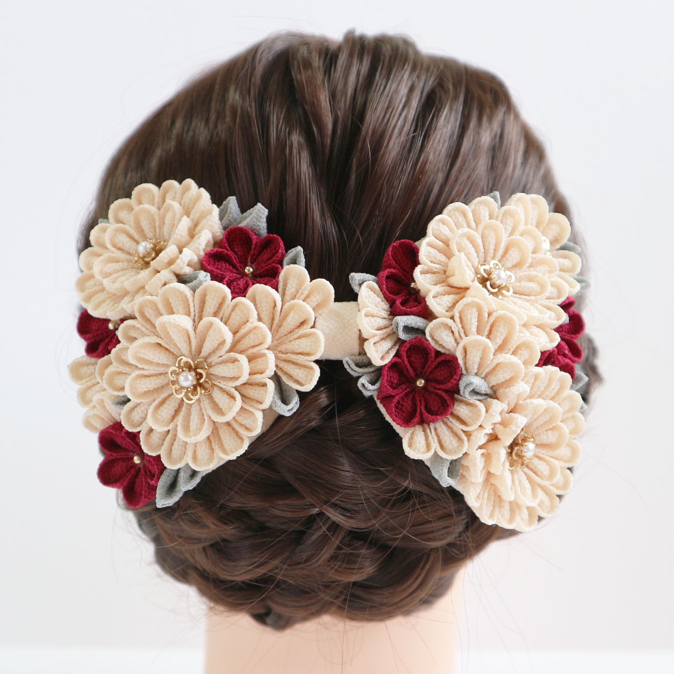 つまみ細工　髪飾り【M-02】白系　リボン　成人式　卒業式　和装