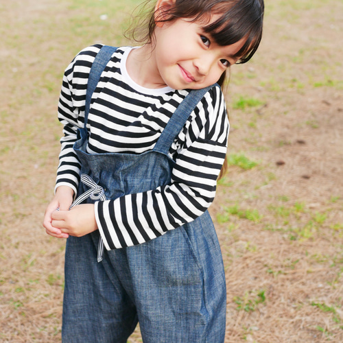 柔らか薄手デニムサロペット 80～130cm ボーダーリボン付き 子供服