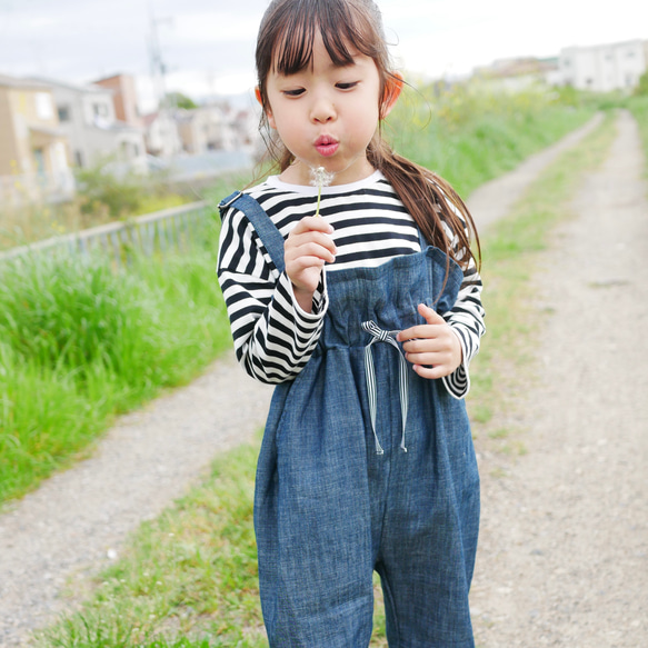 柔らか薄手デニムサロペット 80～130cm ボーダーリボン付き 子供