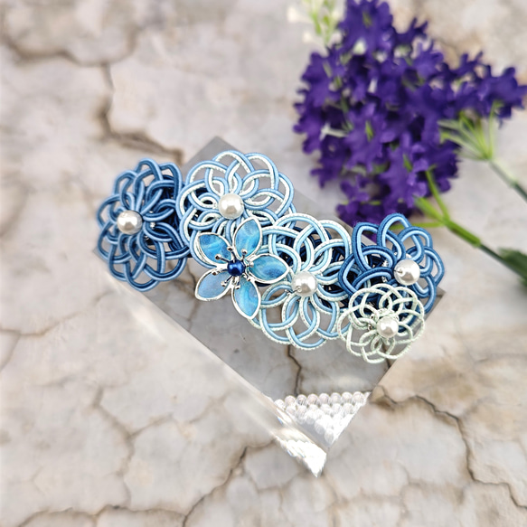 水引バレッタ 6つのフラワー☆ブルー バレッタ cara & mist 通販