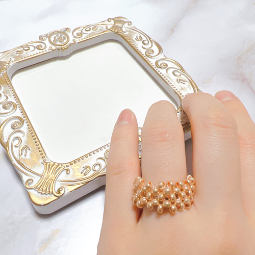 ゴールド ビーズリング｜韓国風 幅広 リング イエベ 編み込み 指輪