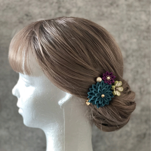 限定品】 濃赤 No.1718 青緑】つまみ細工 ヘアアクセサリー