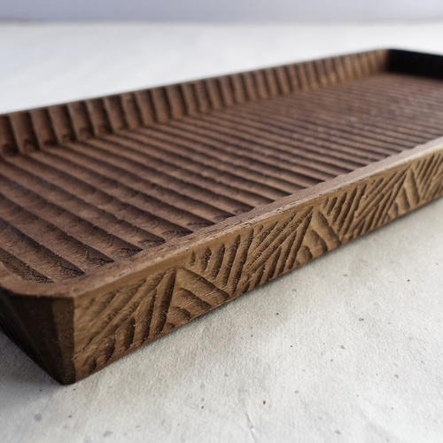 我谷盆 栗 34×14×3cm 飾彫り 栗渋染め お盆 トレイ 木地盆 折敷 お盆