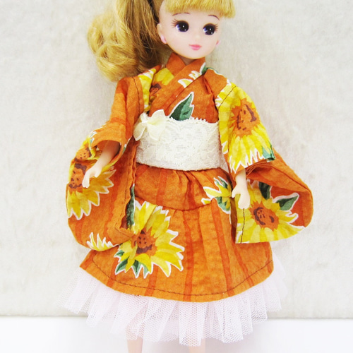 リカちゃん用着せ替え服】向日葵・オレンジ・ミニスカートの着物