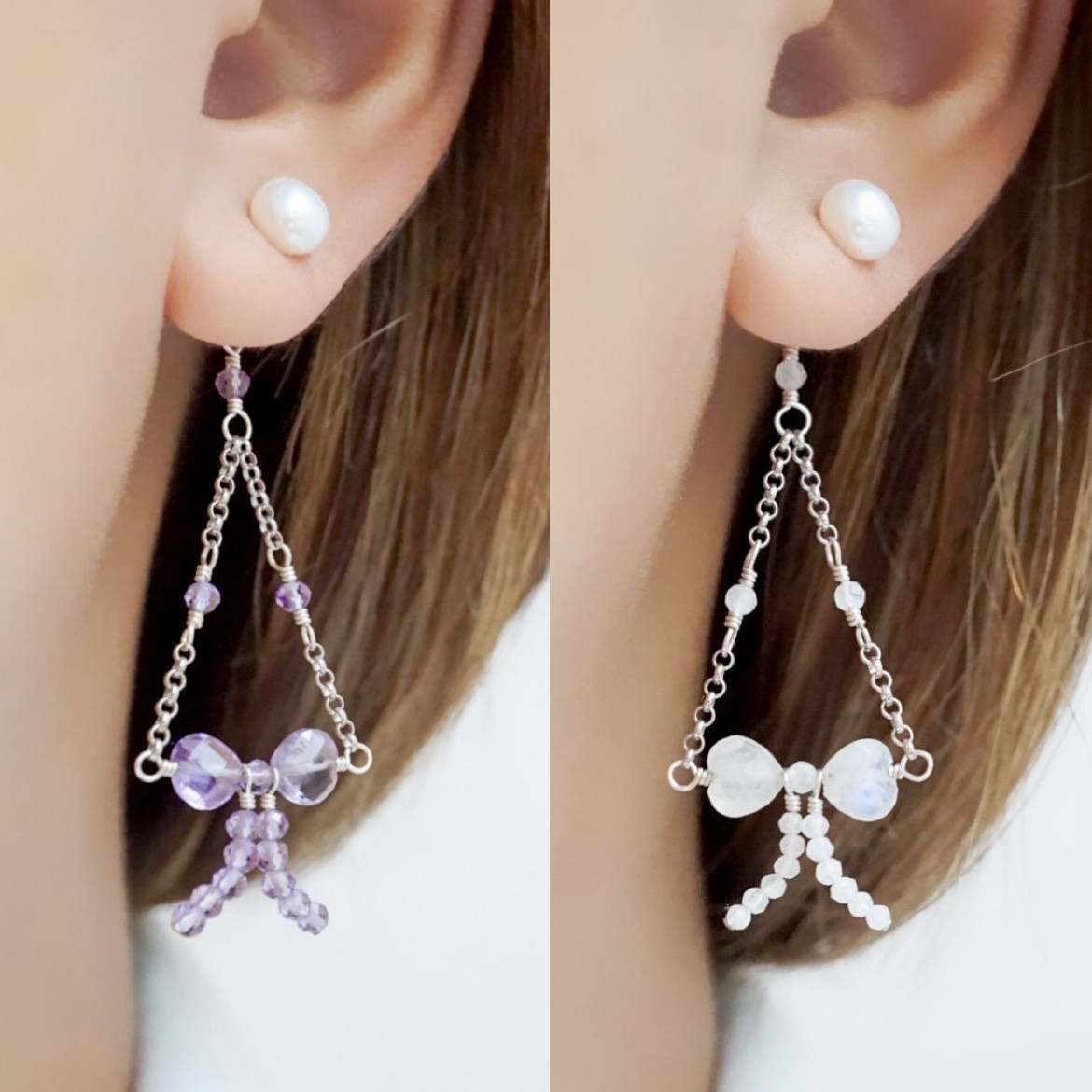 【選べる天然石】「甘辛リボン」2wayピアス パール アメジスト ムーンストーン 天然石 シルバー silver925