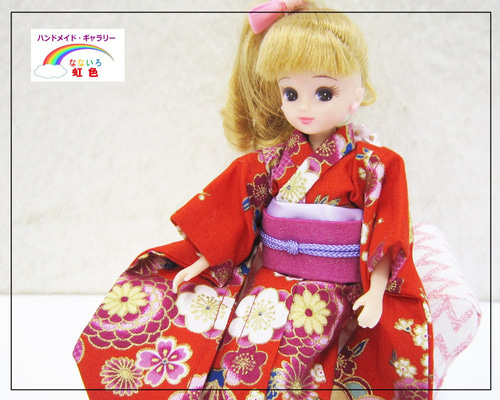 リカちゃん用着せ替え服】花と鶴・レッド・振袖・帯セット・浴衣
