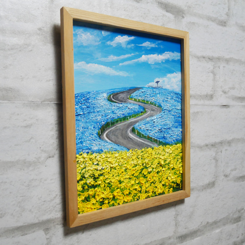 油絵 油彩 油彩画 絵画 絵【ネモフィラと菜の花の道】 絵画 HR 通販  